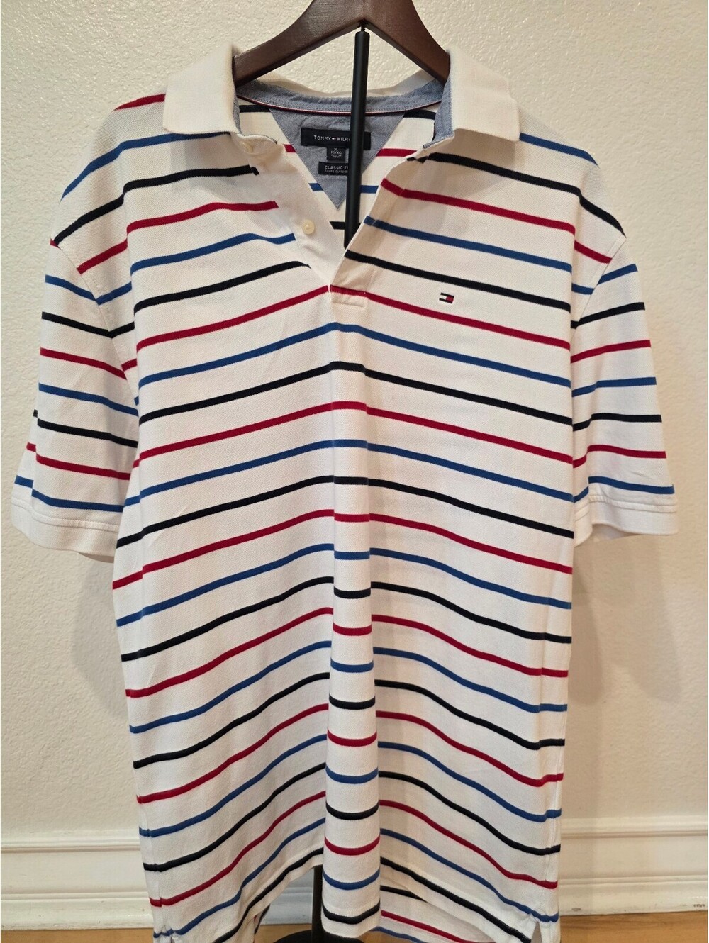 Tommy Hilfiger Classic Fit Striped Polo Shirt Men’s XL White Red Blue